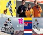 Bisiklet, podyum kadın bmx Mariana Pajón (Kolombiya), Sarah Walker (Yeni Zelanda) ve Laura Smulders (Hollanda), Londra 2012